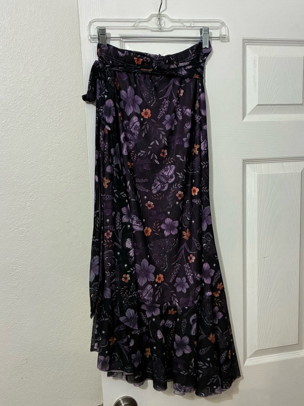Whimsigoth Purple Floral Asymetrical Maxi Skirt with Tie Waist and Rhinestones - Picture 5 of 11